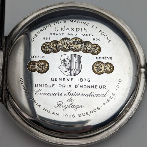 1910年頃 アンティーク ユリス・ナルダン 懐中時計 猛獣彫刻 銀側ハンターケース 動作良好